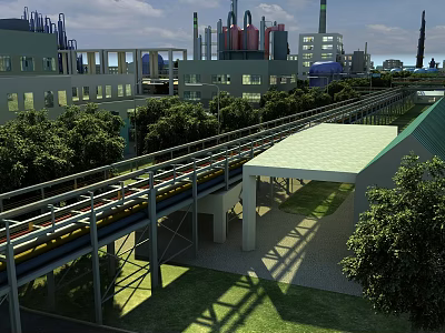 Industrial Factory Building With Pipe Conveyors Trees And Green Roof Structure Facility 3d model