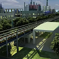 Industrial Factory Building With Pipe Conveyors Trees And Green Roof Structure Facility