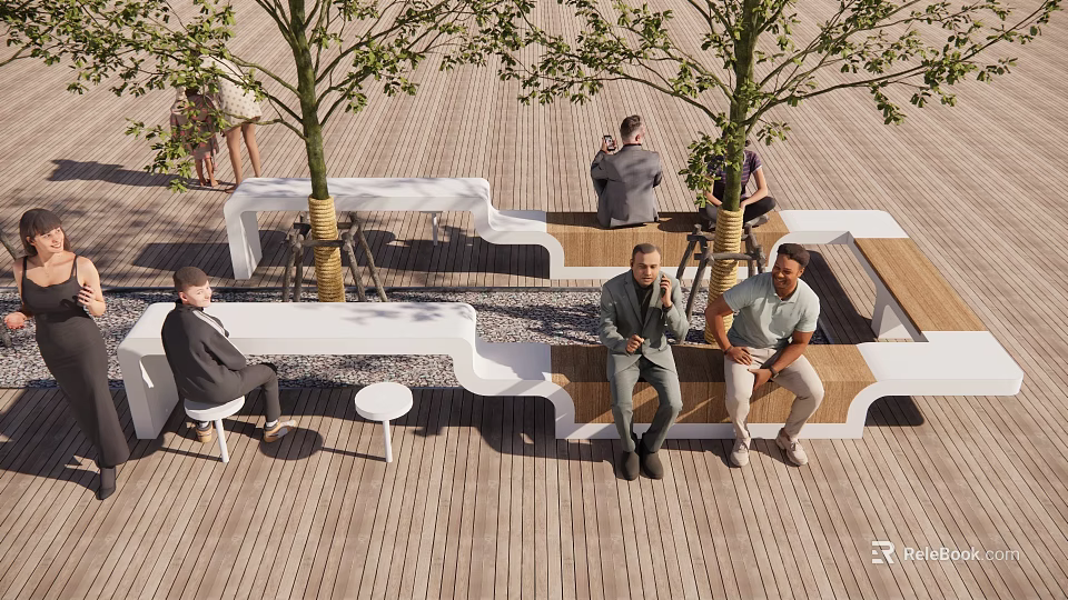 Stylish Outdoor Chairs On Wooden Deck With Trees And People Sitting Comfortably 3d model 