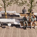 Stylish Outdoor Chairs On Wooden Deck With Trees And People Sitting Comfortably