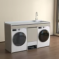 Modern Laundry Room With Double Washing Machines Countertop Faucet Wooden Floor And City View Window