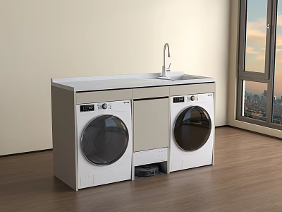 Modern Laundry Room With Double Washing Machines Countertop Faucet Wooden Floor And City View Window 3d model