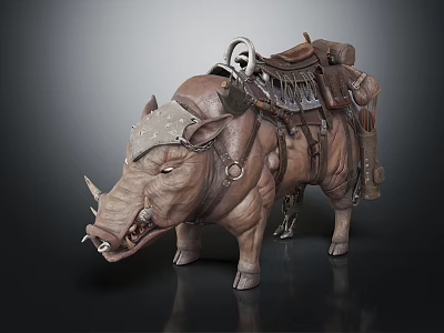 Fierce Boar Character Design With Leather Saddle Skull Decoration And Gear 3d model