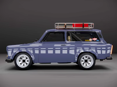 Vintage Blue Off Road Car with Roof Rack Red Item White Stripes And Silver Rims 3d model