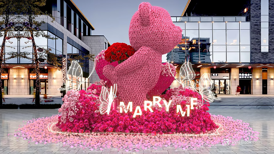 Pink Teddy Bear Red Bouquet Marry Me Lettering With Pink Flowers Modern Building Photo Spot 3d model 