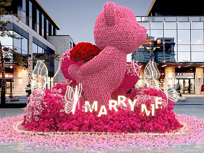Pink Teddy Bear Red Bouquet Marry Me Lettering With Pink Flowers Modern Building Photo Spot 3d model