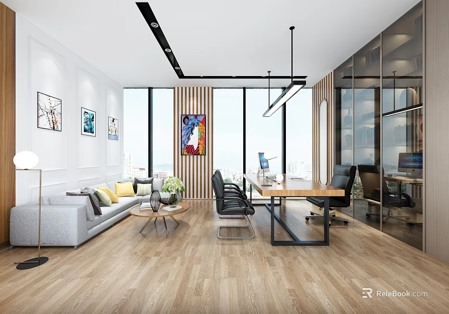 Modern Office Interior Design With Open Layout Sofa Desk Chairs And Large Windows 3d model