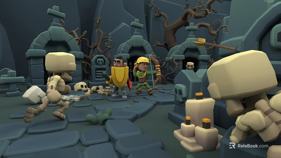 Game Characters Battling Skeleton Enemies In Dungeon With Tombstones And Trees 3d model 