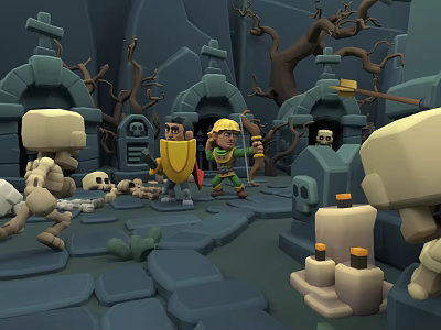 Game Characters Battling Skeleton Enemies In Dungeon With Tombstones And Trees 3d model