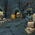 Game Characters Battling Skeleton Enemies In Dungeon With Tombstones And Trees