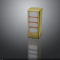 Yellow Storage Cabinet With Three Red Framed White Shelves And Distressed Finish