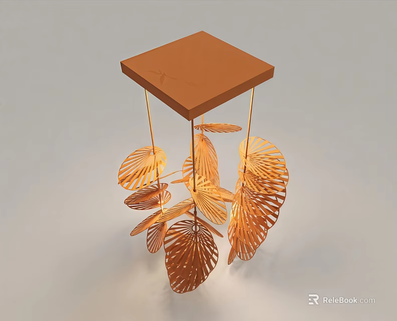 Elegant Modern Copper Leaf Shaped Chandelier With Hanging Metallic Decor Elements 3d model 