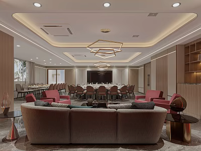 Modern Private Room Interior Design With Comfortable Sofa Dining Table And Geometric Chandelier 3d model