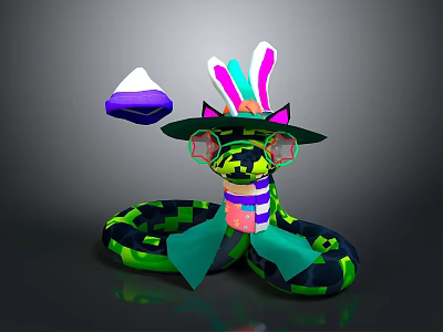 Colorful Decorated Snake With Hat Ears Striped Body And Neon Green Pattern 3d model