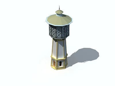 Cartoon Water Tower Scene With White Gold Exterior And Decorative Windows 3d model