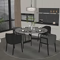 Modern Round Dining Table Set with Chairs Pendant Light and Gray Rug in Open Kitchen