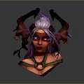 Woman with Purple Hair Red Skin and Horns Wearing Ornate Necklace and Wing Decorations