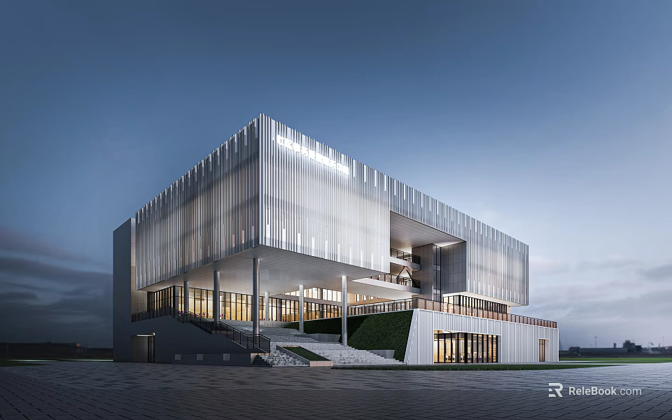 Modern Office Building With Glass Curtain Wall And Illuminated Interior In Evening Sky Open Plaza 3d model