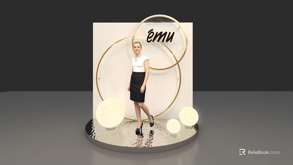 Stylish Check in Photo Spot with Emu Logo Gold Rings and White Spheres 3d model 