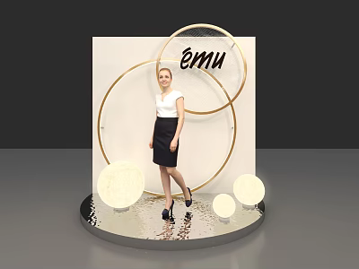 Stylish Check in Photo Spot with Emu Logo Gold Rings and White Spheres 3d model