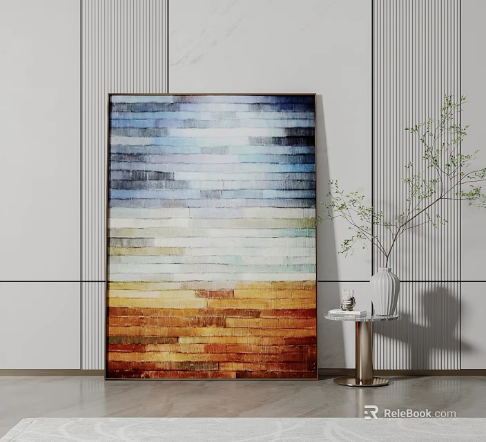 Wall Art With Blue White Yellow Brown Stripes White Vase Green Plant On Side Table 3d model 