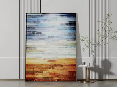 Wall Art With Blue White Yellow Brown Stripes White Vase Green Plant On Side Table 3d model