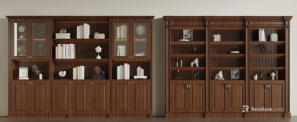 Dark Brown Wooden Bookcases With Books Decorative Statues Vases And Frames 3d model 