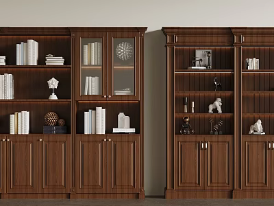 Dark Brown Wooden Bookcases With Books Decorative Statues Vases And Frames 3d model