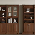 Dark Brown Wooden Bookcases With Books Decorative Statues Vases And Frames
