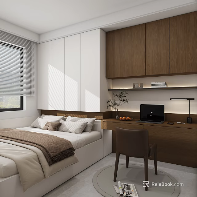 Tatami Bedroom Interior Design With White Brown Cabinets Window Blinds Desk Laptop And Chair 3d model 