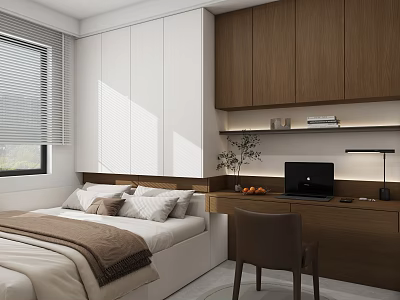 Tatami Bedroom Interior Design With White Brown Cabinets Window Blinds Desk Laptop And Chair 3d model