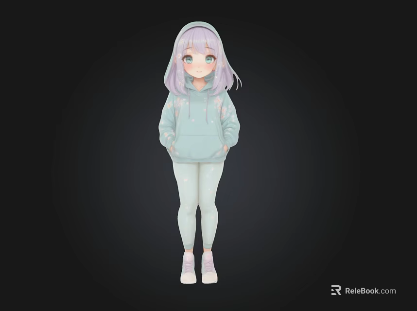 Anime Character Purple Light Blue Hair Light Blue Hoodie White Leggings Pink Shoes Black Background 3d model 