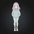 Anime Character Purple Light Blue Hair Light Blue Hoodie White Leggings Pink Shoes Black Background
