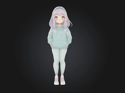Anime Character Purple Light Blue Hair Light Blue Hoodie White Leggings Pink Shoes Black Background 3d model