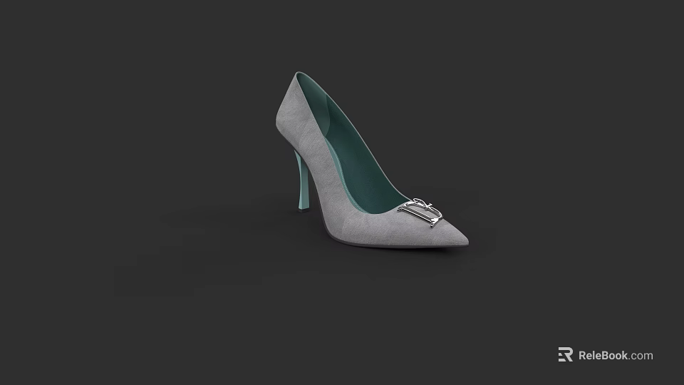 Gray Pointed Toe High Heels with Stiletto Heel and Decorative Buckle 3d model 