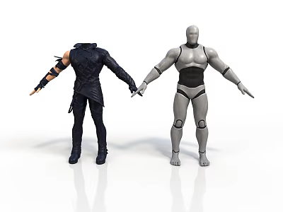 3D Character Models Humanoid Figure With Black Armor And Silver Mechanical Robot Holding Hands 3d model