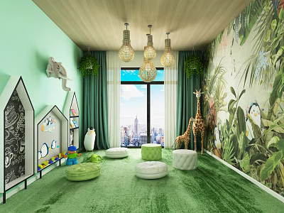 Kindergarten Room with Light Green Walls Jungle Mural Wooden Ceiling and City View Windows 3d model