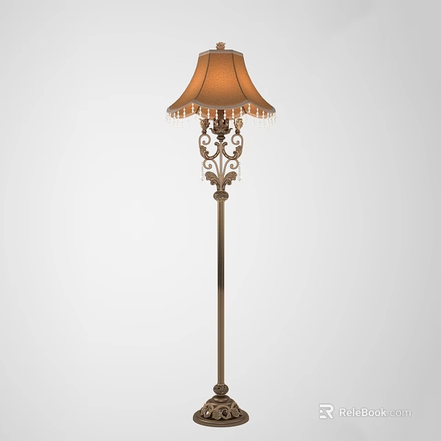 Vintage Style Floor Lamp With Ornate Metal Stand And Brown Fabric Shade 3d model 