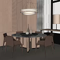 Modern Round Marble Dining Table Set With Brown Chairs And Pendant Light Decor 3d model