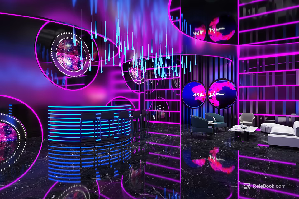 Modern KTV Interior With Purple Blue Lighting Circular Decor Bar And Sofa 3d model 