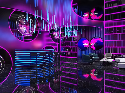 Modern KTV Interior With Purple Blue Lighting Circular Decor Bar And Sofa 3d model