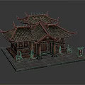 Cartoon Style Chinese Traditional Building Scene With Red Curved Eaves Tiled Roof And Front Plaque