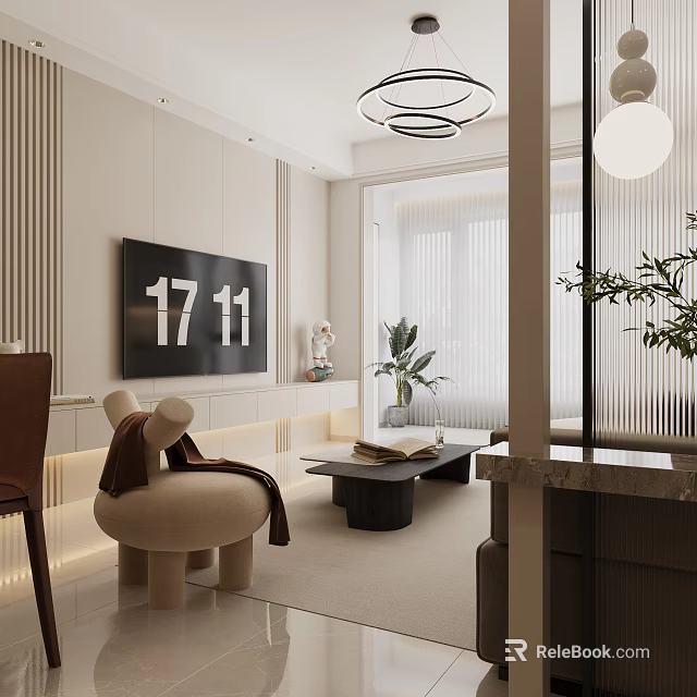 Modern Minimalist Cream Tone Living And Dining Room Interior Design With Warm Comfortable Furnishings 3d model 