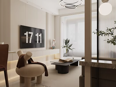 Modern Minimalist Cream Tone Living And Dining Room Interior Design With Warm Comfortable Furnishings 3d model