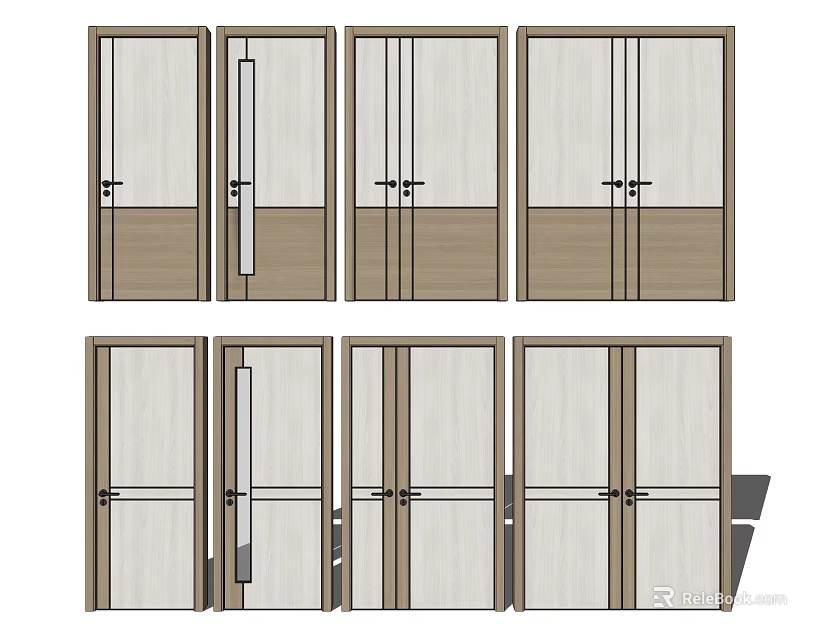 Modern Interior Combination Doors With Wooden Frames And Glass Panel Designs 3d model