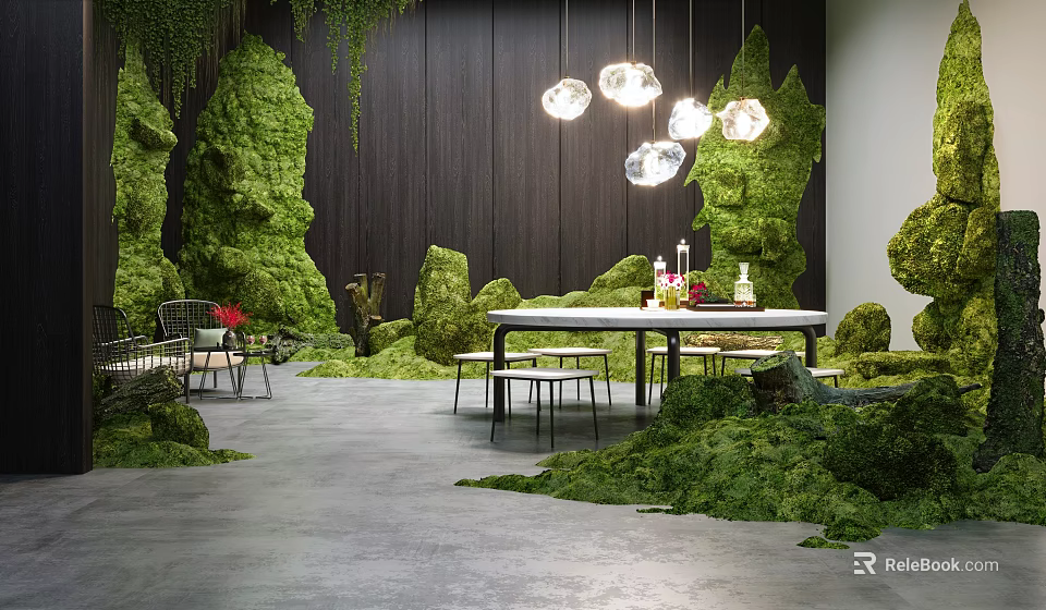Garden Decor Scene with Moss Covered Elements Wooden Wall Hanging Lights and Table Chairs 3d model 