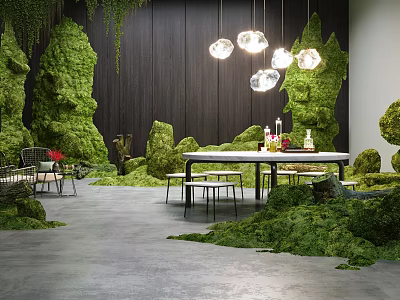 Garden Decor Scene with Moss Covered Elements Wooden Wall Hanging Lights and Table Chairs 3d model