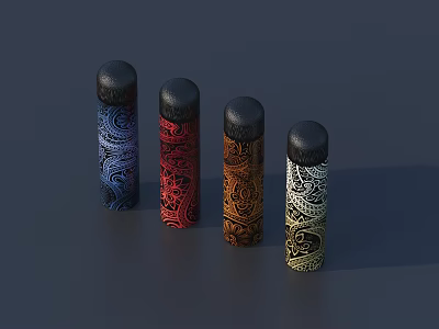 Four Vibrant Colorful Patterned Cylindrical Household Essentials With Decorative Designs 3d model
