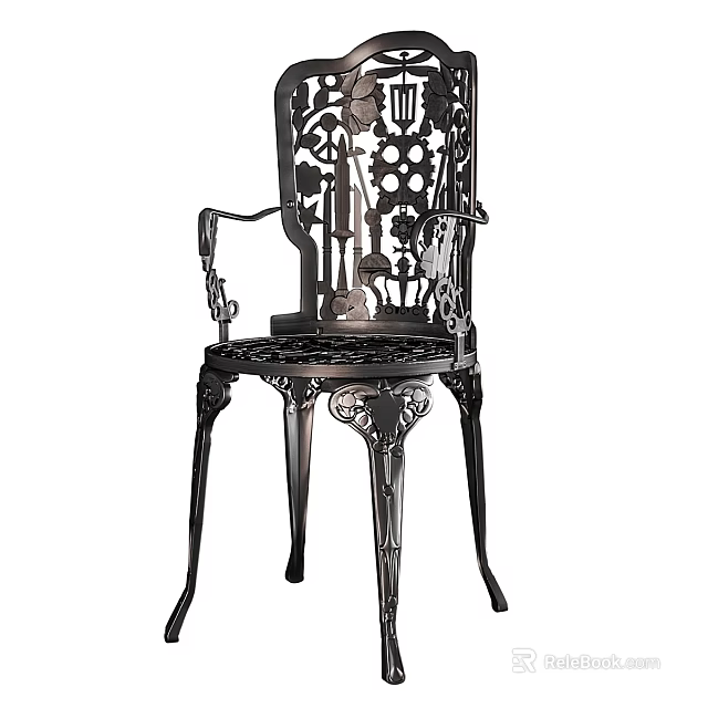 Ornate Metal Chair With Intricate Carved Patterns And Decorative Armrests 3d model 
