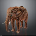Red Elephant Model Standing With White Tusks On Black Background With Reflection